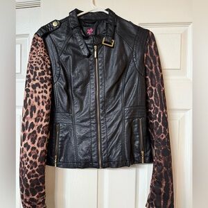 bebe Black Leather Jacket with Leopard Print Sleeves